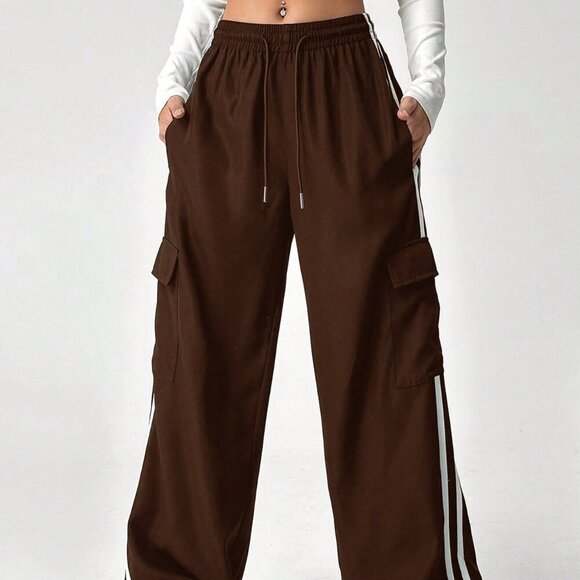 Brown Casual Women's Color Block Striped Drawstring Waist Cargo Long Pants - Picture 4 of 6